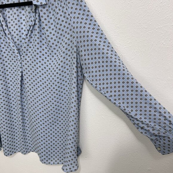Loft Blouse Popover Light Blue Striped Dots Long Sleeve Shirt Top V Neck Size XL - Picture 5 of 11